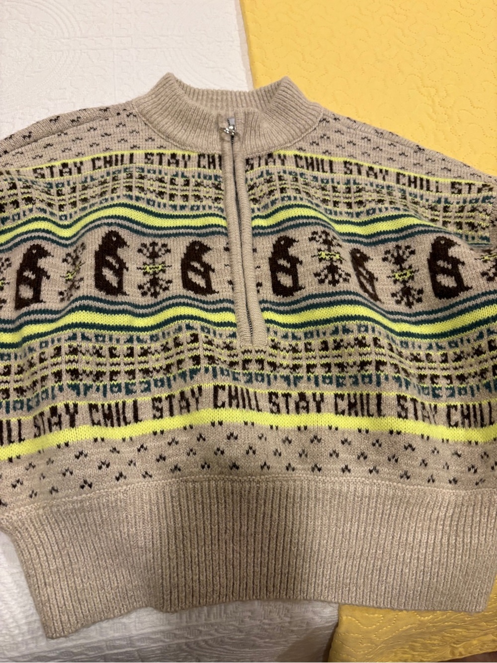BDG Beige Zip-Up Sweater with Neon Green Stripes